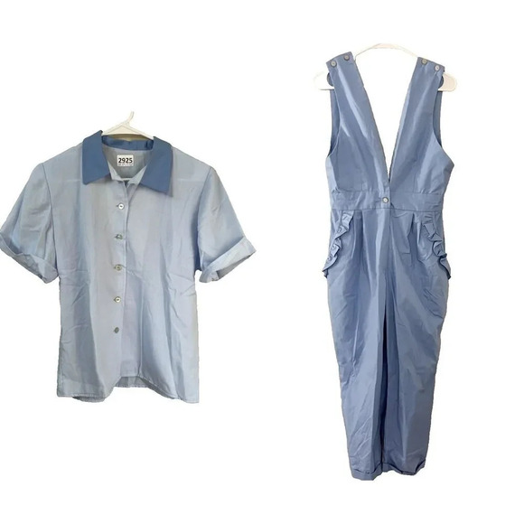 Vtg Women Blue Romper And Blouse Set Ruffle Short Sleeve Top Sleeveless Overalls - Picture 1 of 14